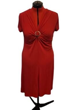 SL Fashions short sleeve v neck midi dress, center buckle detail,  size 16